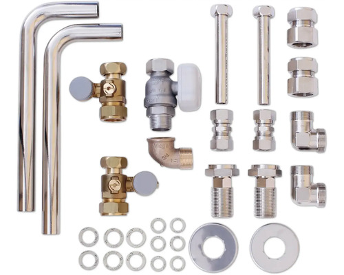 Divers accessoires d'installation sanitaire et de chauffage tels que des tuyaux, des vannes et des raccords