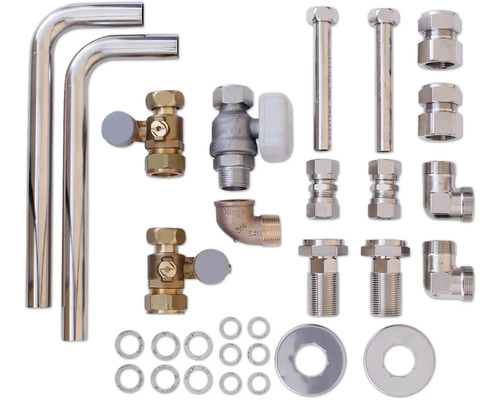 Divers composants d'installation sanitaire, y compris des tuyaux, des vannes et des raccords