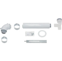 Abluft-Zubehörset mit Rohren, Schellen, Winkelstück, Montagematerial und Befestigungsschiene.