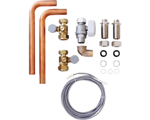 Heizkörperanschlussgarnitur mit Rohren, Ventilen, Fittings und Sensor