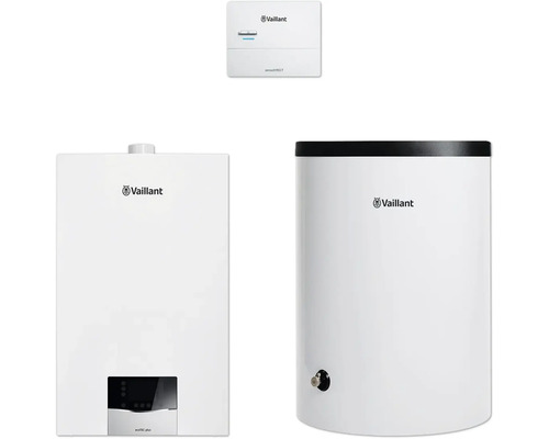 Vaillant Paket 1.664/2 Gas-Wandheizgerät ecoTEC plus VC 25 CS/1-5, Warmwasserspeicher uniSTOR plus VIH R 120/6 B und witterungsgeführter Regelung sensoDIRECT VRC 710 8000013929 Vaillant Heizungsanlage mit Regler und Warmwasserspeicher
