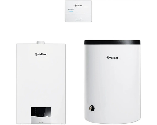 Vaillant Paket 1.666/2 Gas-Wandheizgerät ecoTEC plus VC 25 CS/1-5, Warmwasserspeicher uniSTOR plus VIH R 200/6 B und witterungsgeführter Regelung sensoDIRECT VRC 710 8000013941 Vaillant Heizungsanlage mit Warmwasserspeicher und Regler