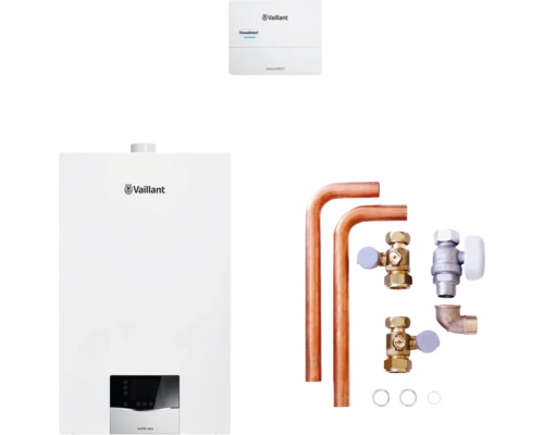 Pack chauffage gaz Vaillant avec logo Vaillant, tubes en cuivre, vannes et unité de contrôle