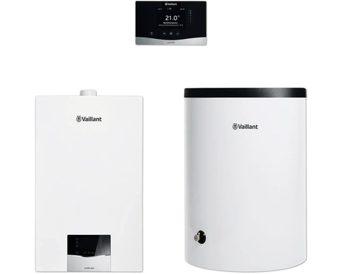 Vaillant Paket 1.763/3 Gas-Wandheizgerät ecoTEC plus VC 10 CS/1-5, Warmwasserspeicher uniSTOR plus VIH R 120/6 B und Raumtemperaturregler sensoHOME VRT 380/2 8000014451 Vaillant Heizungsanlage mit Steuerung und Warmwasserspeicher
