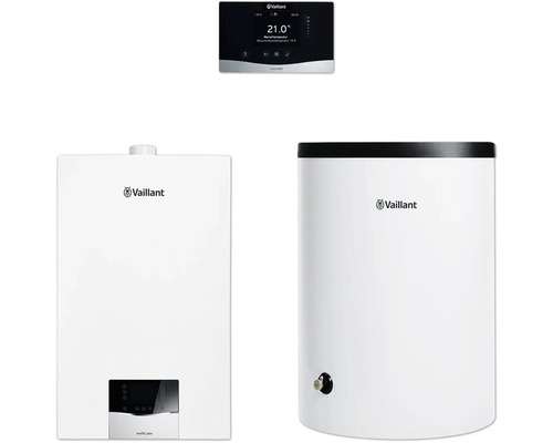 Vaillant Paket 1.766/3 Gas-Wandheizgerät ecoTEC plus VC 15 CS/1-5, Warmwasserspeicher uniSTOR plus VIH R 150/6 B und Raumtemperaturregler sensoHOME VRT 380/2 8000014454 Vaillant Heizungsanlage mit Regler und Warmwasserspeicher