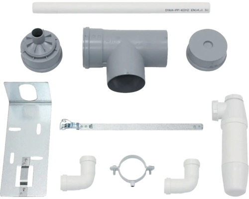 Installationsmaterial für Sanitäranlagen, inklusive Rohre, Befestigungen und Zubehör