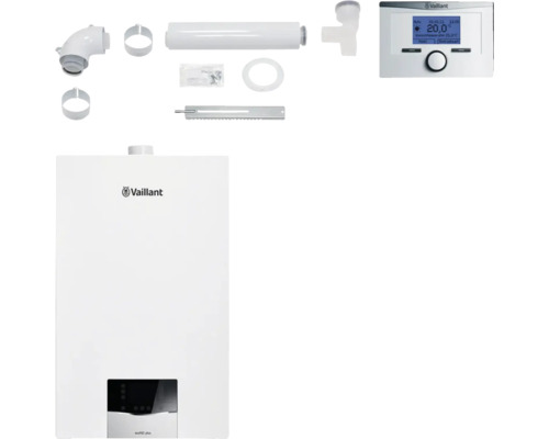 Vaillant Paket 1.122 4x Gas-Kombi-Wandheizgerät ecoTEC plus VCW 20/26CS/1-5, Raumtemperaturregler calorMATIC VRT 350 und flexible Luft-/Abgasführung Ø 100 PP zur Mehrfachbelegung 8000014532 Vaillant ecoTEC plus Gasheizung mit Zubehör
