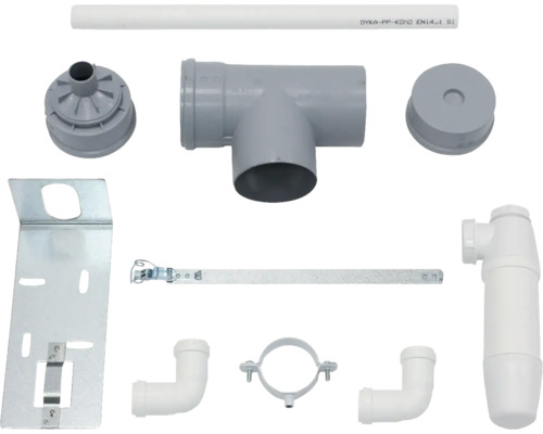 Zusammenstellung verschiedener Sanitärinstallationsmaterialien wie Rohre, Winkel, Befestigungen und Siphons.