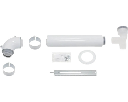 Abgaszubehörset für Heizungsanlagen, bestehend aus Rohrbogen, Rohren, Befestigungsmaterial und Montageteilen