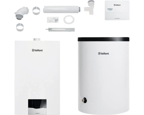 Vaillant Paket 1.88 Gas-Wandheizgerät ecoTEC plus VC 10 CS/1-5, Warmwasserspeicher uniSTOR plus VIH R 120/6 B, witterungsgeführter Regelung sensoDIRECT VRC 710 und Luft-/Abgasführung starr 8000014551 Vaillant Gasheizung mit Zubehör und Warmwasserspeicher
