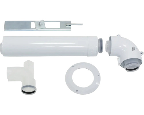 Abluftsystem bestehend aus Rohr, Winkelstück, T-Stück, Rosette und Befestigung