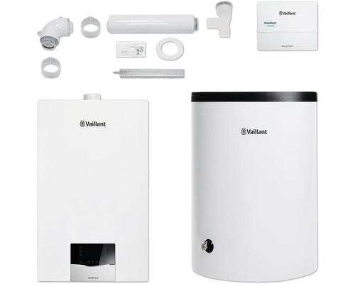 Vaillant Paket 1.96 Gas-Wandheizgerät ecoTEC plus VC 20 CS/1-5, Warmwasserspeicher uniSTOR plus VIH R 150/6 B, witterungsgeführter Regelung sensoDIRECT VRC 710 und Luft-/Abgasführung starr 8000014559 Vaillant Heizungsanlage mit Zubehör