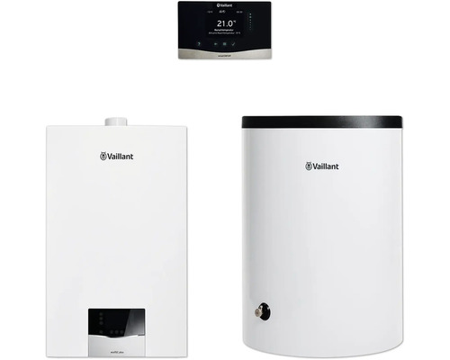 Vaillant Paket 1.717/3 Gas-Wandheizgerät ecoTEC plus VC 10 CS/1-5, Warmwasserspeicher uniSTOR plus VIH R 200/6 B und witterungsgeführter Regelung sensoCOMFORT VRC 720/3 8000016488 Vaillant Heizungsanlage mit Regler und Warmwasserspeicher