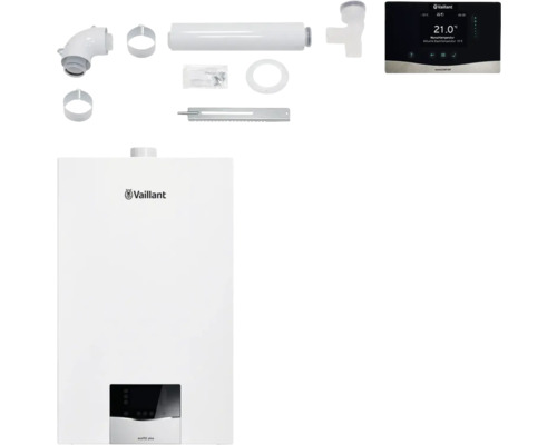 Vaillant Paket 1.702/3 Gas-Wandheizgerät ecoTEC plus VC 10 CS/1-5, witterungsgeführter Regelung sensoCOMFORT VRC 720/3, Installations-Set AP/UP und Luft-/Abgasführung starr Ø 80 PP 8000016470 Vaillant ecoTEC plus Gasheizgerät mit Zubehör und Vaillant Logo