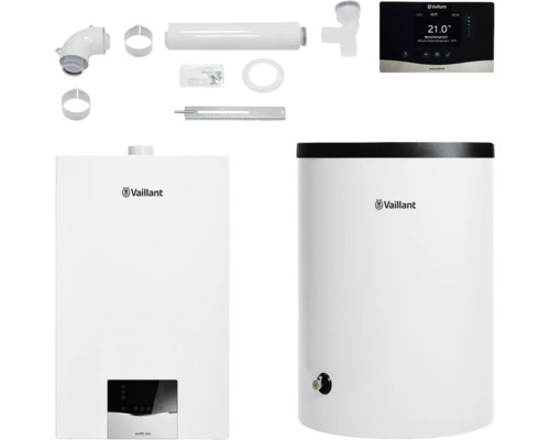Vaillant Paket 1.704/3 Gas-Wandheizgerät ecoTEC plus VC 15 CS/1-5, Warmwasserspeicher uniSTOR plus VIH R 120/6 B, witterungsgeführter Regelung sensoCOMFORT VRC 720/3 und Luft-/Abgasführung starr 8000016472 Vaillant Heizungsanlage mit Zubehör und Regler