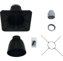 Dachdurchführung Set bestehend aus Dichtungsmanschette, Regenhaube, Übergangsstück, Dichtung, Montagekreuz und Schrauben