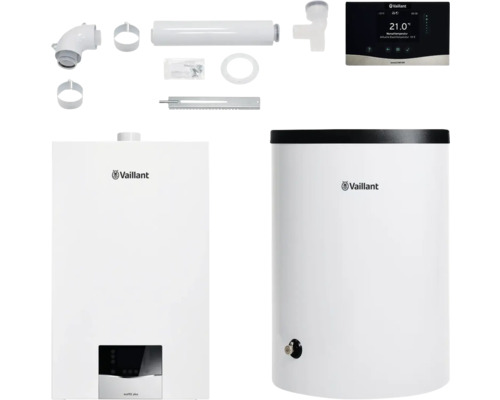 Vaillant Paket 1.708/3 Gas-Wandheizgerät ecoTEC plus VC 20 CS/1-5, Warmwasserspeicher uniSTOR plus VIH R 150/6 B, witterungsgeführter Regelung sensoCOMFORT VRC 720/3 und Luft-/Abgasführung starr 8000016480 Vaillant ecoTEC plus Gasheizung mit Zubehör und Warmwasserspeicher