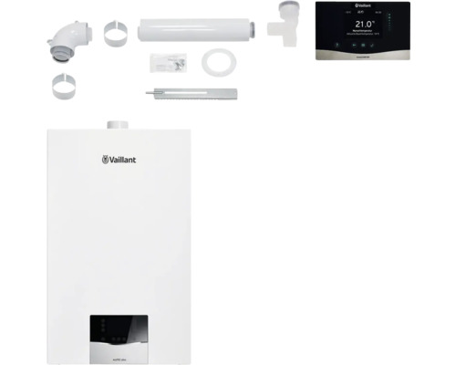 Vaillant ecoTEC plus Gas-Brennwerttherme mit Zubehör und Vaillant Logo