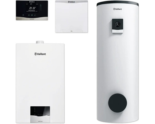 Vaillant Paket 1.730/3 Gas-Wandheizgerät ecoTEC plus VC 15 CS/1-5, Solar-Warmwasserspeicher auroSTOR plus VIH S 400/3 BR und witterungsgeführter Regelung sensoCOMFORT VRC 720/3 8000016511 Abbildung eines Vaillant Heizsystems mit Regler, Heizgerät und Warmwasserspeicher