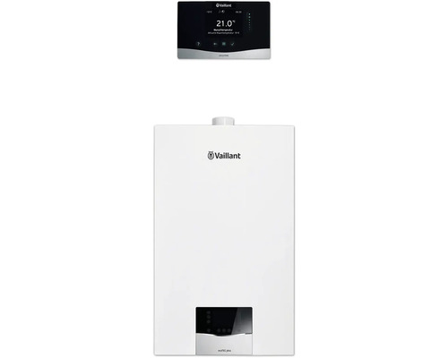 Vaillant Paket 1.145/2 2x Gas-Wandheizgerät ecoTEC plus VC 10 CS/1-5, witterungsgeführter Regelung sensoCOMFORT VRC 720/3 und 2x Installations-Set AP/UP 8000016550 Vaillant ecoTEC plus Gasheizgerät mit zugehörigem Display zur Steuerung.