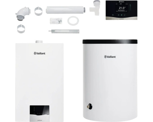 Vaillant Paket 1.10/2 Gas-Wandheizgerät ecoTEC plus VC 10 CS/1-5, Warmwasserspeicher uniSTOR plus VIH R 120/6 B, witterungsgeführter Regelung sensoCOMFORT VRC 720/3 und Luft-/Abgasführung starr 8000016578 Vaillant ecoTEC plus Gas-Brennwerttherme mit Zubehör und Regelung