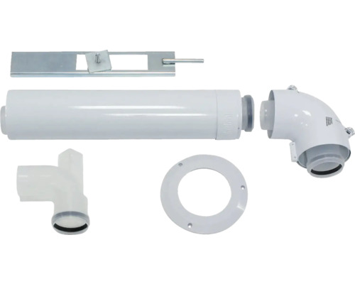 Abluftleitungssystem mit Rohren, Winkelstücken und Montageelementen