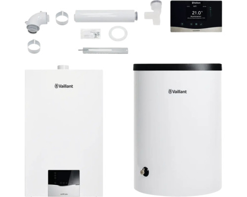 Vaillant Paket 1.14/2 Gas-Wandheizgerät ecoTEC plus VC 15 CS/1-5, Warmwasserspeicher uniSTOR plus VIH R 120/6 B, witterungsgeführter Regelung sensoCOMFORT VRC 720/3 und Luft-/Abgasführung starr 8000016622 Vaillant ecoTEC plus Gas-Brennwerttherme mit Zubehör und Warmwasserspeicher