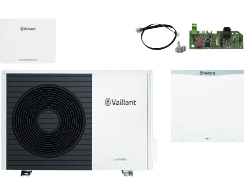 Pompe à chaleur air/eau Vaillant paquet 4.3404 aroTHERM plus VWL 75/6 A S2 pour système hybride 8000029036 Pompe à chaleur air-eau Vaillant aroTHERM avec accessoires