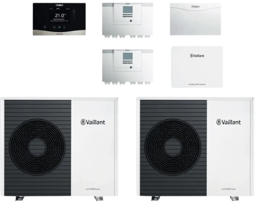 Pompe à chaleur air/eau Vaillant paquet 4.3504 aroTHERM plus 2 cascades VWL 75/6 A S2 8000029030 Pompe à chaleur air-eau Vaillant aroTHERM Plus avec accessoires