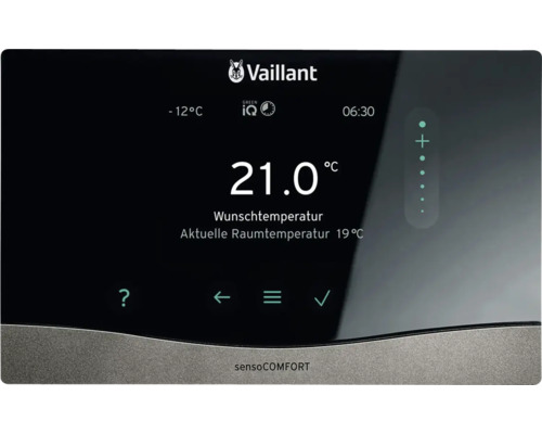 Affichage du régulateur de chauffage Vaillant sensoCOMFORT avec informations sur la température