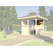 Gartenbar mit Kühlgerät und Barhockern auf Holzterrasse