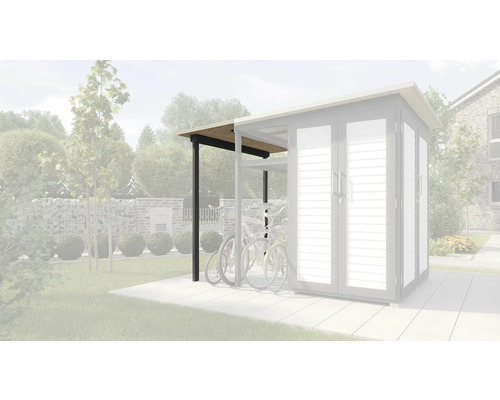 Fahrradunterstand aus Holz und Metall im Außenbereich.