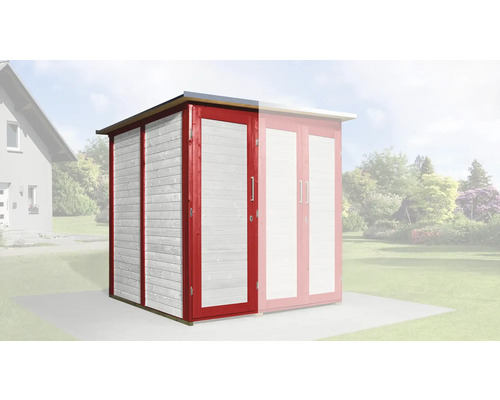 Holzgartenhaus mit rotem Rahmen