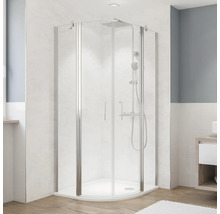 Eckdusche mit Duschwanne und Brausegarnitur im Badezimmer.