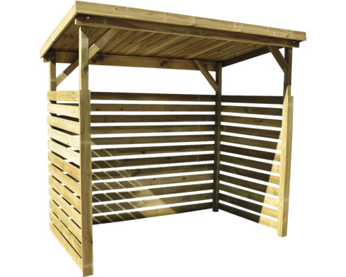 Holzunterstand mit Lamellenwänden und Dach