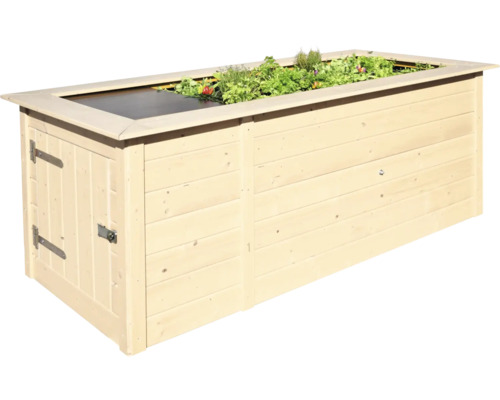 Jardinière surélevée en bois avec porte et plantation