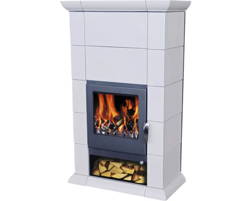 Kaminofen Kachelofen DOMOFIRE Lugano Keramik weiß zirkon 8 kW Kaminofen mit Holzfeuer und Holzlagerfach