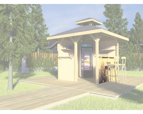 Bar de jardin en bois avec réfrigérateur à boissons et tabourets de bar sur une terrasse en bois dans le jardin