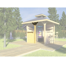 Gartenhaus mit Kühlregal und Barhockern auf einer Holzterrasse