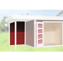 Abbildung eines Gartenhauses mit Holzfassade und offenem Eingangsbereich