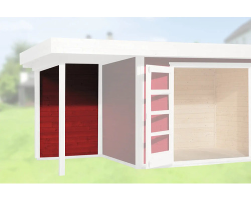 Abbildung eines Gartenhauses mit Holzfassade und offenem Eingangsbereich