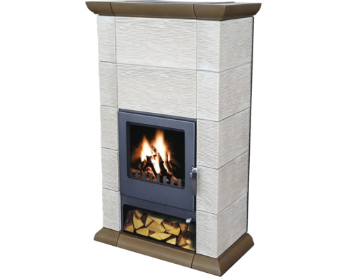 Kaminofen Kachelofen DOMOFIRE Cortina Keramik cremebeige-tabakbraun 8 kW Kaminofen mit Holzfach