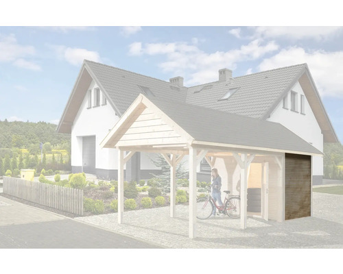 Carport mit Anbau und Fahrrad vor Wohnhaus
