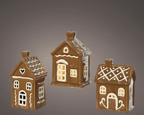Drei dekorative Lebkuchenhäuser aus Keramik mit Beleuchtung