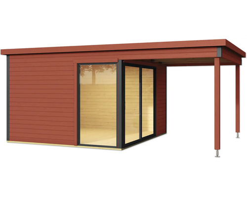 Gartenhaus mit Überdachung und Schiebetür aus Holz und Glas