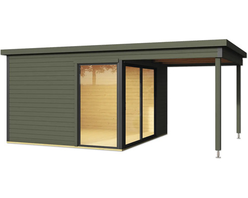 Modernes Gartenhaus mit Schiebetür und überdachter Terrasse