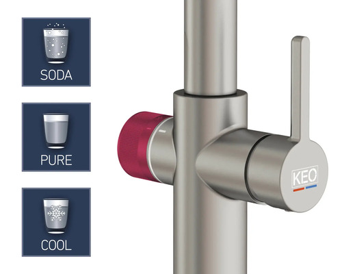 Robinet avec fonctions eau gazeuse, eau pure et eau fraîche et logo Keo