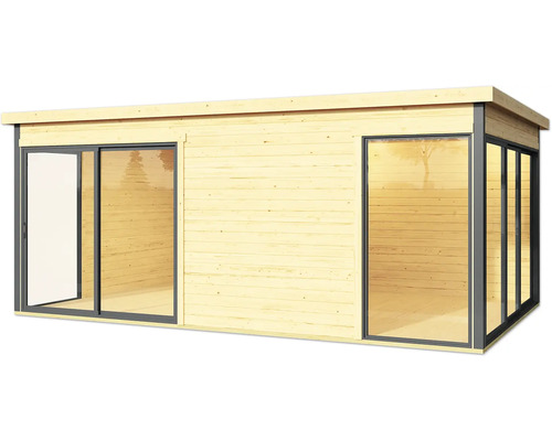 Abri de jardin en bois avec porte coulissante et façade vitrée