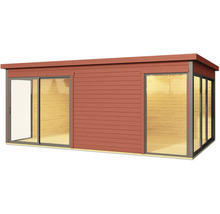 Abri de jardin moderne avec revêtement en bois et grandes baies vitrées