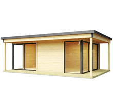 Maison de jardin en bois avec portes coulissantes et terrasse couverte